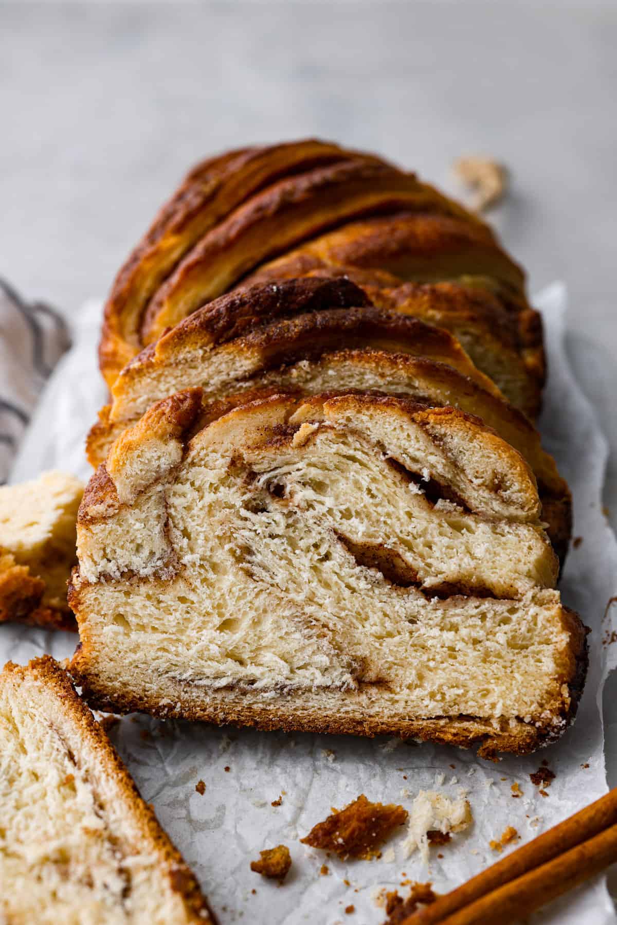 Cinnamon bread on a cutting board.